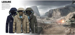 Detail view of quick-dry hooded jackets with camo lining in navy, khaki and army green