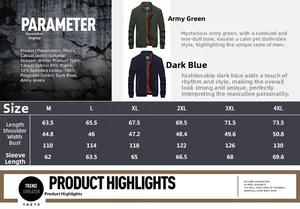 Detailed size chart and fabric composition for men stand collar casual jacket in cm