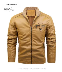 Detail of tan PU leather jacket showing the stand collar, zipper pockets and stitching