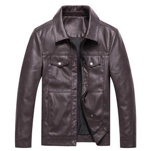 Classic men's brown leather biker jacket with lapels and multiple utility pockets