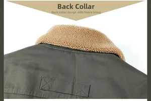 Detailed close-up of the fleece collar and stitching on an olive green military jacket