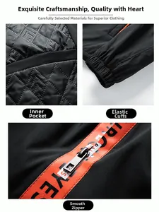 Detail view of quilted lining, elastic cuffs, and zipper with orange ribbon on men's jacket