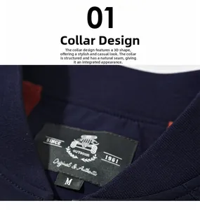 Detail showing the navy blue jacket's ribbed knit collar with an inner woven label