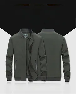 Army green men's casual outdoor jacket with standing collar and ribbed cuffs design