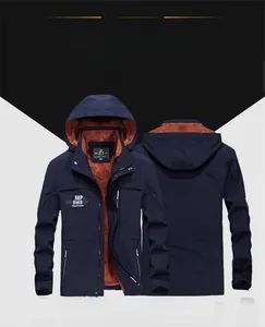 Detailed view of men's navy blue fleece-lined hooded jacket with industrial print