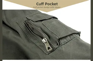 Detailed view of heavy canvas jacket sleeve featuring a utility zip pocket and flap