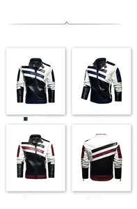 Detail view showing stitching and color-block design on men's biker faux leather jacket