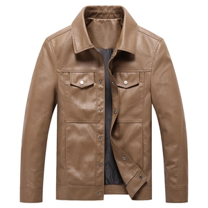 Men's slim fit tan leather biker jacket with lapel collar and flap chest pockets