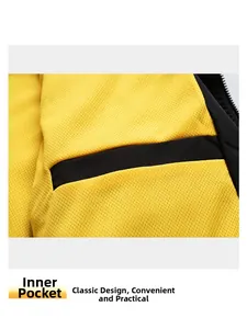 Close-up of lightweight jacket with breathable yellow mesh lining and inner pocket