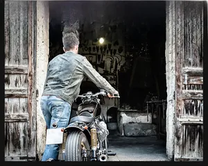 Men's retro biker jacket in charcoal grey with reinforced shoulders and slim fit style