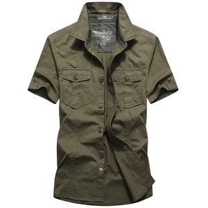 Camicia da Uomo in Cotone a Maniche Corte Stile Militare Cargo Casual Camicia da Lavoro con Doppie Tasche e Finiture a Quadri