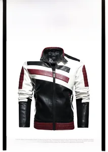 Detail of men's tricolor biker jacket with quilted shoulders and zip collar
