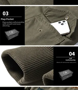 Detail of cargo jacket showing functional flap pocket and elastic ribbed windproof cuffs