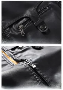 Detail of black PU leather jacket with metal zippers, snap pockets, and warm fleece lining