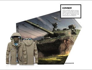 Detail of khaki men's tactical hooded jacket featuring multiple pockets and camouflage lining