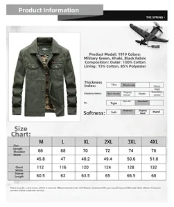 Detailed size chart and product specifications for men's cotton military cargo jacket