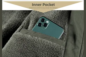 Detail view of the inner safety pocket with thick fleece lining in olive green work jacket