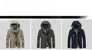Three men's hooded jackets in khaki, green, and blue with camouflage interior lining details