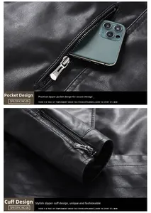 Detail of zippered pocket holding smartphone and metallic zipper cuffs on black PU jacket