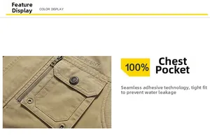 Détail de la poche de poitrine imperméable pressée à chaud sans couture sur gilet kaki
