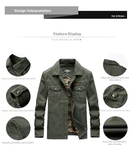 Detail view of military green cotton jacket with flap pockets and camo lining accents