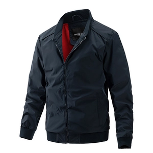 Classic navy blue men's bomber jacket with red mesh lining and ribbed stand collar design
