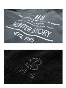 Détail de l'imprimé HUNTER STORY sur tissu gris et broderie HS sur velours côtelé