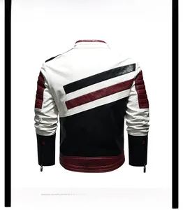Back view of a faux leather motorcycle jacket featuring black, white, and red color blocks