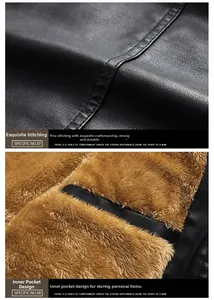 Close-up of precise stitching on black faux leather and warm brown plush inner lining