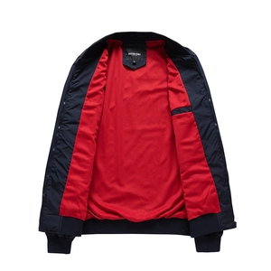 Men's navy blue bomber jacket with red mesh lining and classic ribbed stand collar