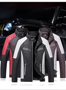 Détail de trois vestes de motard en cuir avec cols montants et surpiqûres contrastées