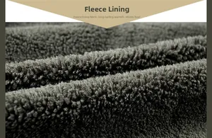 Close-up of thick grey fleece lining providing warmth and soft texture for men's winter jacket
