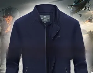 Detailed close-up of a navy military-style jacket with stand collar and front zipper