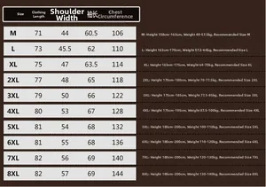 Detailed size chart for men's winter jacket with measurements from M up to 8XL plus height guide