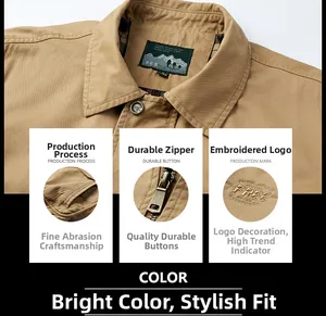 Détails de la veste kaki montrant le zip en métal, la doublure à carreaux et la broderie