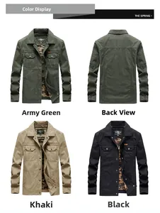 Detailed views of cotton military jackets with lapel collar and camo lining details