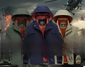 Mens hooded military jackets in khaki, navy, and green with warm orange fleece lining