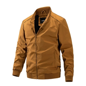 Classic men's tan bomber jacket with a stand collar and ribbed hem on a white background