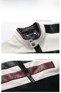 Detail of color-block PU leather biker jacket featuring stand collar and metal zipper