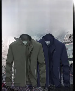 Detailed view of elastic bomber jackets in olive and navy with ribbed cuffs and stand collar