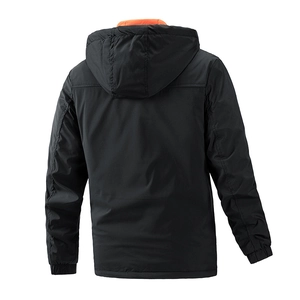 Men's hooded lightweight jacket in black with orange lining, stylish back view display