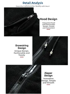 Détails d'une veste en velours côtelé noir pour homme avec capuche amovible et zip métal