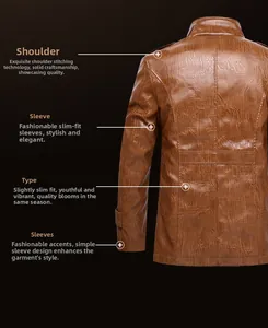 Detailed view of brown faux leather jacket with exquisite stitching on the back shoulder