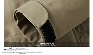 Detail shot of khaki jacket cuff featuring adjustable velcro strap and reinforced stitching