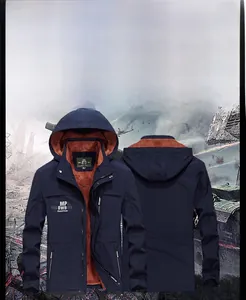 Detail of men's hooded jacket featuring orange fleece lining and functional pockets