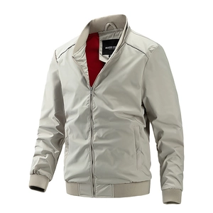 Men's slim-fit bomber jacket in light beige with red mesh lining and stand collar