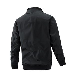 Men's casual black bomber jacket featuring windproof fabric and ribbed hem in a back view
