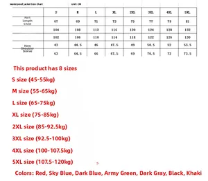 Detailed size chart for waterproof outdoor jacket including length and chest measurements