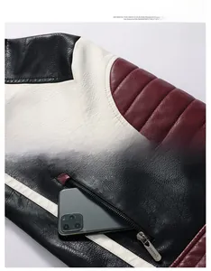 Detail view of tri-color PU leather jacket featuring shoulder quilting and zipper pockets