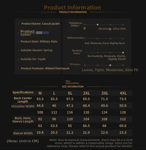 Detailed size guide and fit chart for men outdoor stretch jacket with military style details